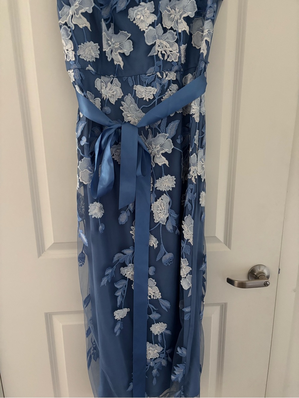 Adrianna Papell Floral Cascading Column Gown French Blue Multi 12 - Picture 5 of 12